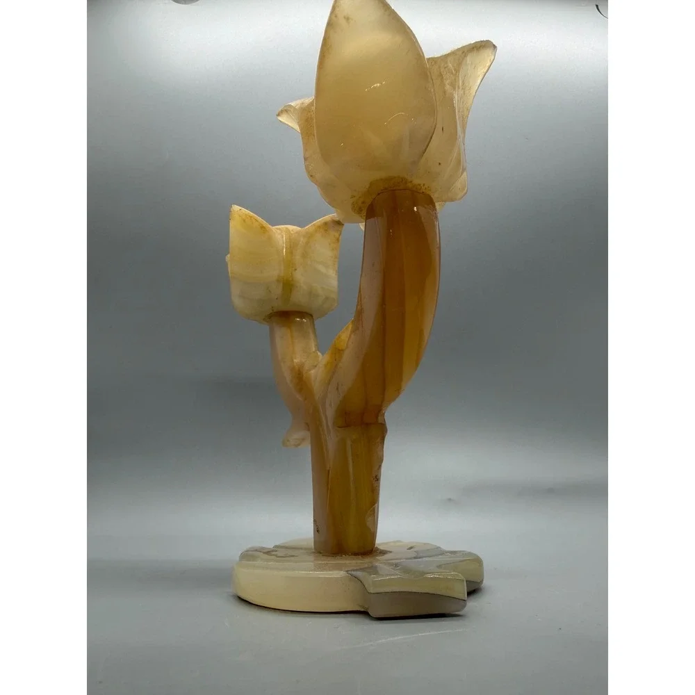 Vintage Onyx Stone Double Tulip Candle Holder Hand Carved Tan Cream 6in Heavy